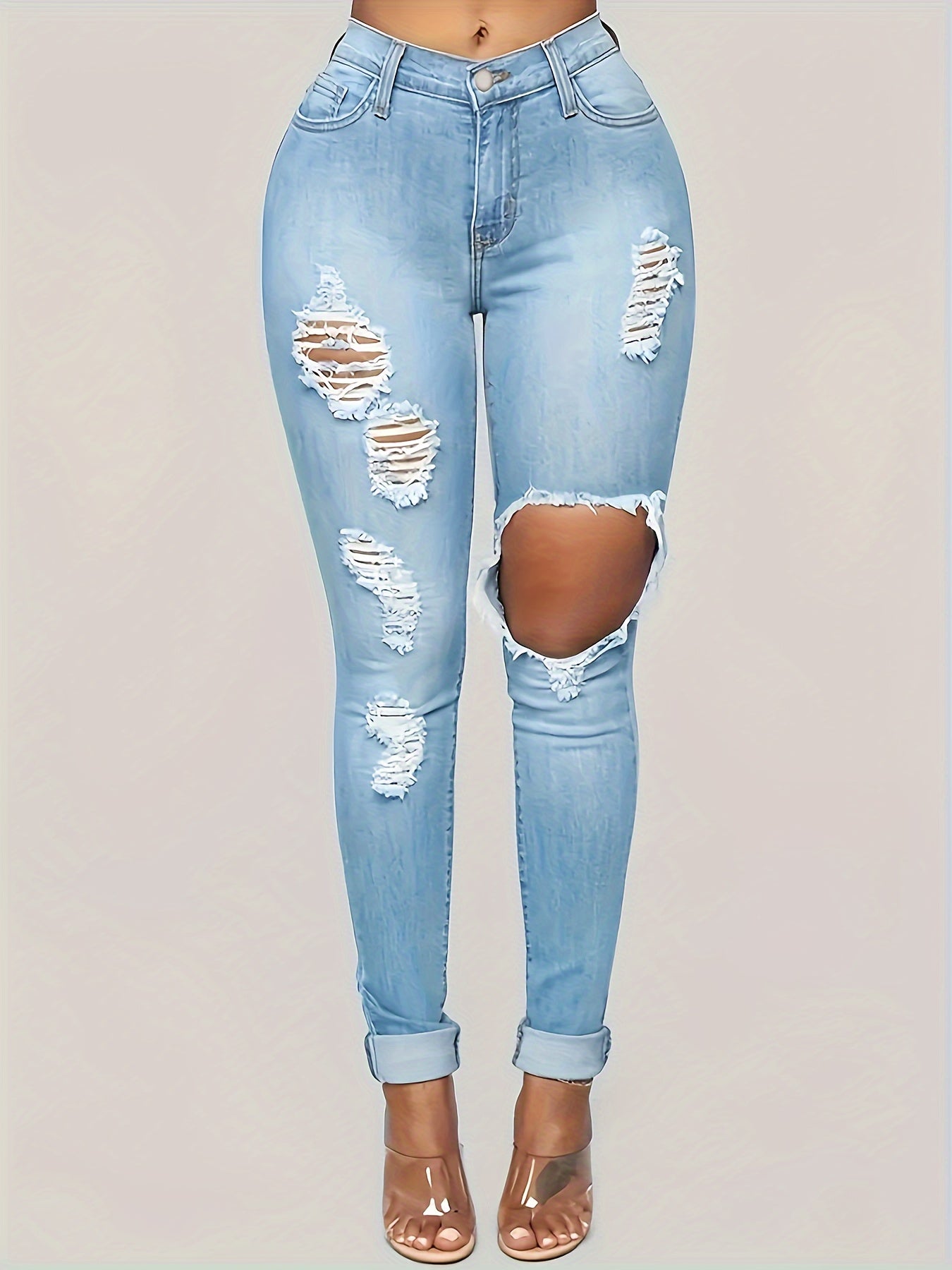  Washed Ripped High Rise Stretch Jeans