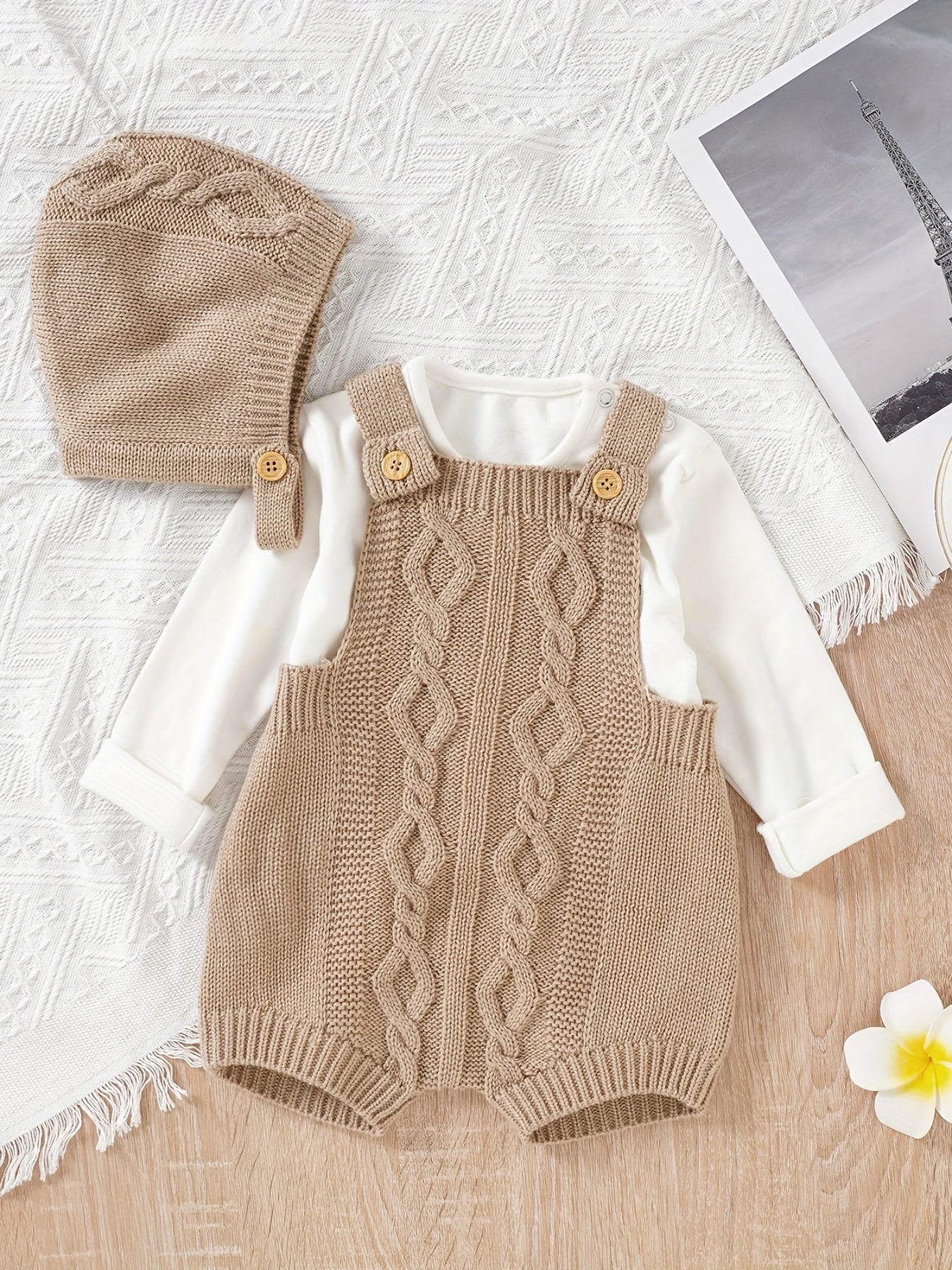 Unisex Baby Knit Sweater Romper Overalls & Hat Set