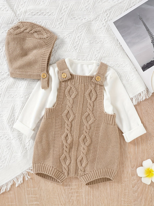 Unisex Baby Knit Sweater Romper Overalls & Hat Set