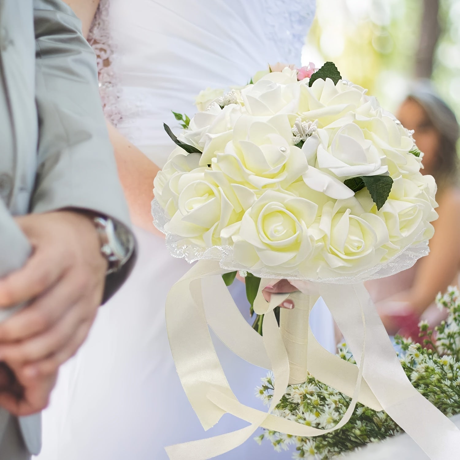 Purple Artificial Rose Wedding Bouquet with Pearl Accents