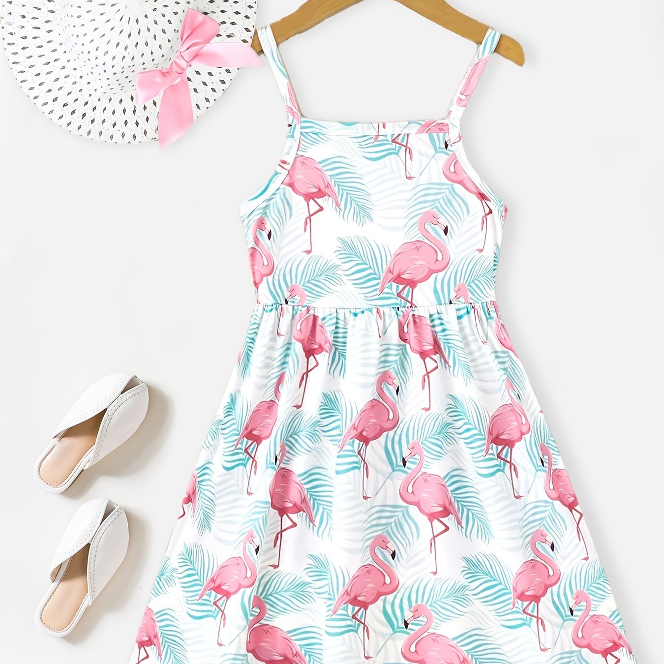 2pcs Toddler Girls Flamingo Cami Dress & Bow Straw Hat Set