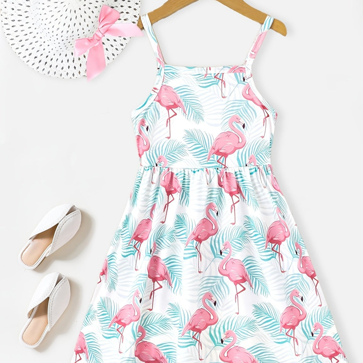 2pcs Toddler Girls Flamingo Cami Dress & Bow Straw Hat Set
