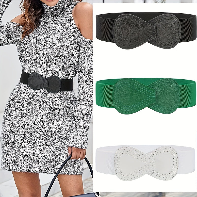 8 shaped Bow Elastic Wide Belt Women's Stretchy Waistband Solid Dress Coat
