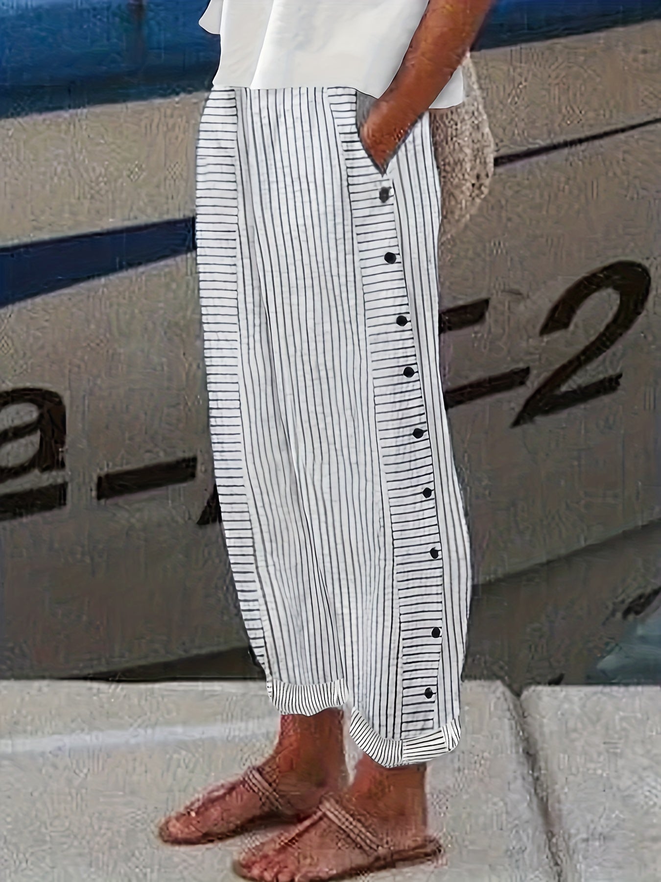  Stripe Print Button Elastic High Rise Trousers