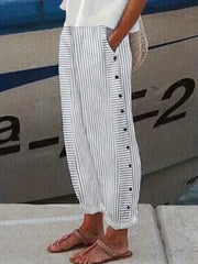  Stripe Print Button Elastic High Rise Trousers