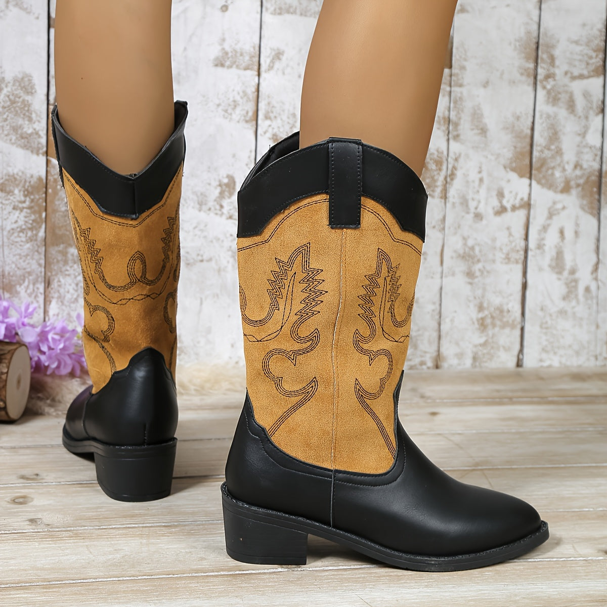 Embroidered Block Heel Cowboy Boots for Women