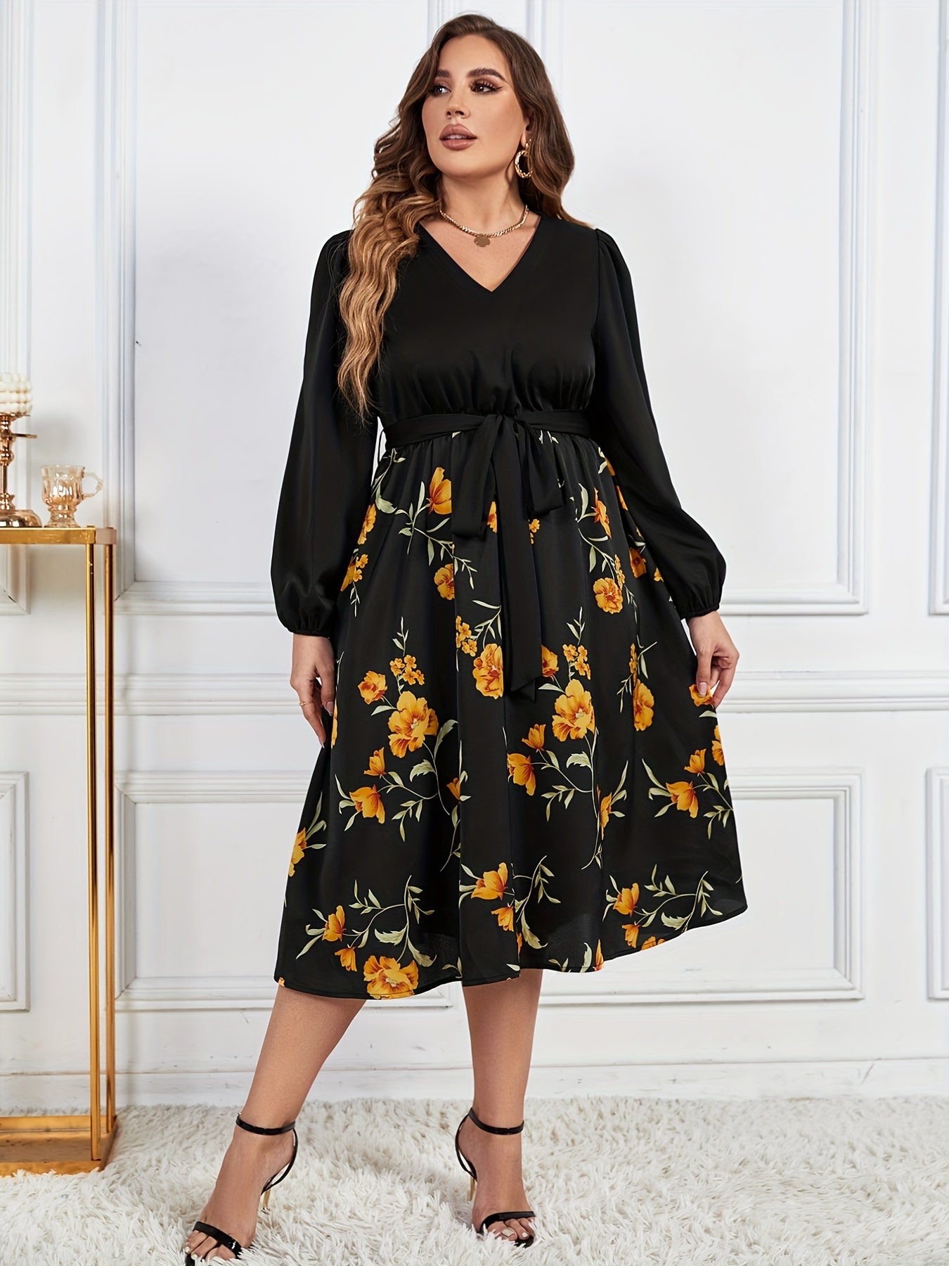 Floral Print Long Sleeve V Neck Midi Dress With Belt