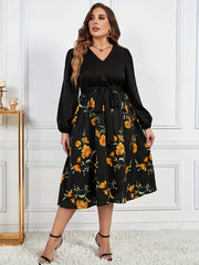 Floral Print Long Sleeve V Neck Midi Dress With Belt