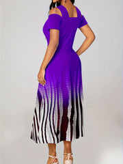  Ombre & Stripe Print Cold Shoulder Midi Dress