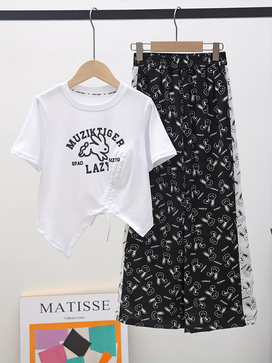 Girls Bunny Graphic T Shirt & Flare Leg Pants Set