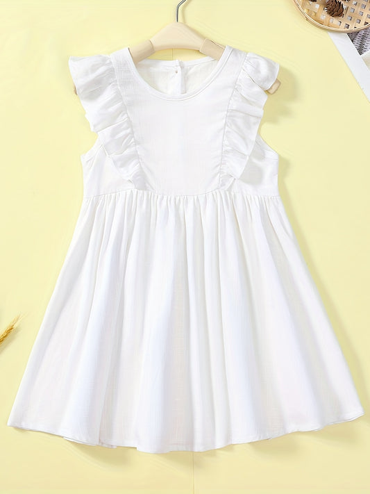 Toddler Girls Sleeveless Pleated Dress Baby Girls Ruffle Trim Casual Dress