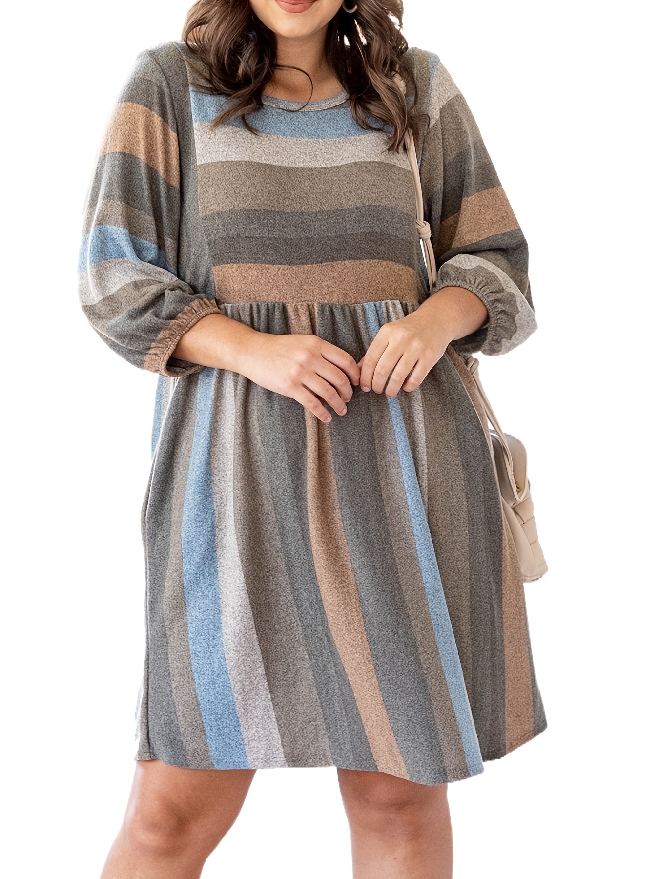  Colorblock Long Sleeve Smock Dress