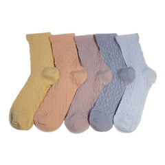 5 Pairs Textured Crew Socks Comfy & Breathable Women's Stockings