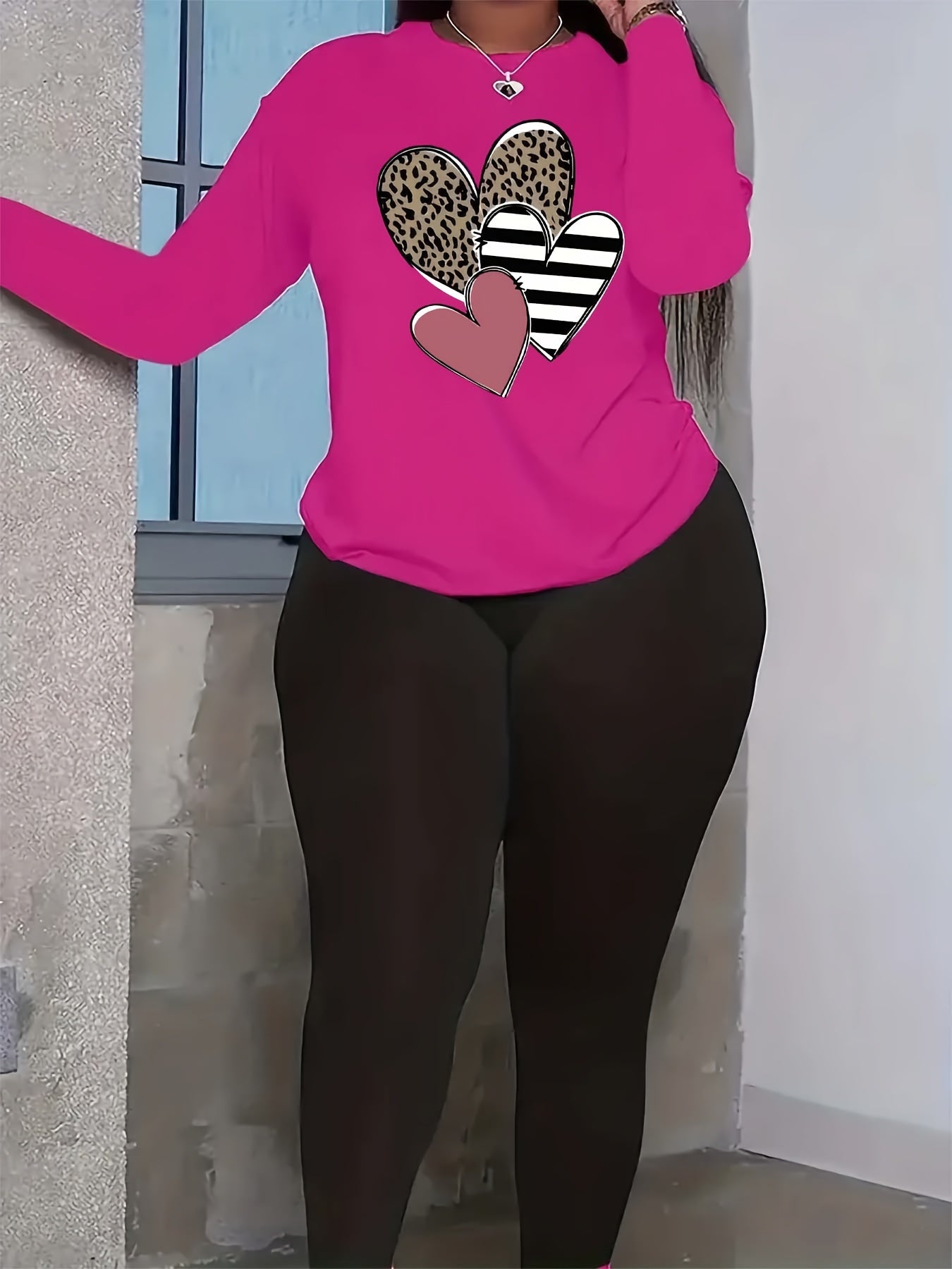 Women's Plus Heart Print Long Sleeve Round Neck Top & Leggings 2 Piece Set