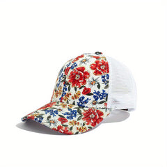 Red Flower Print Trucker Hat Breathable Sunscreen Dad Cap