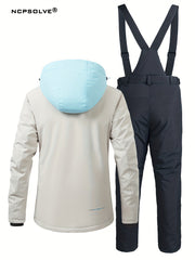 Letter Pattern Ski Set Zip Pocket Hooded Jacket & Suspender Trouser Suit