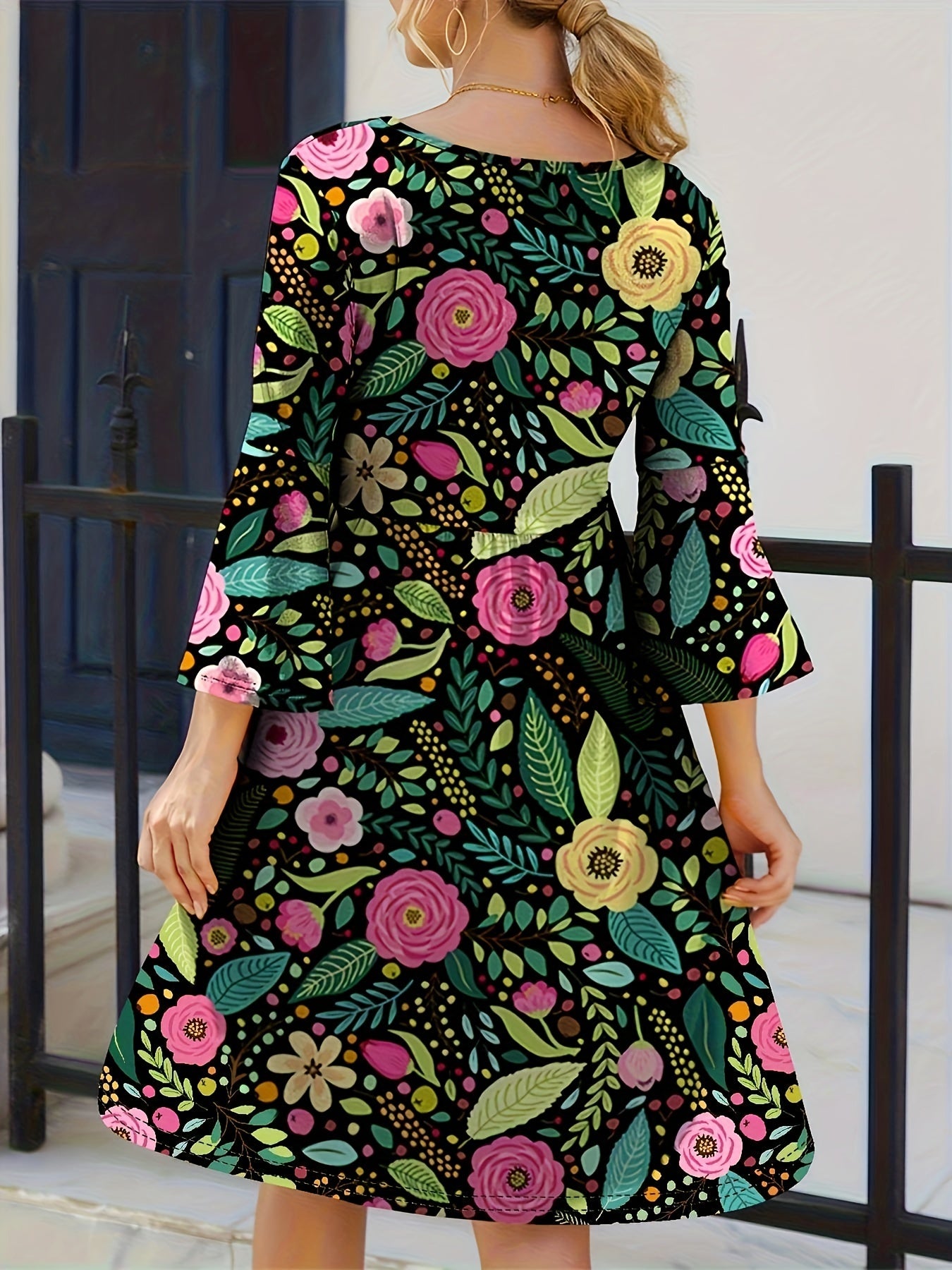 Boho Dress Women's Plus Floral Print Three Quarter Sleeve Dress