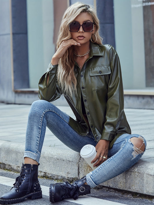 Solid Button Flap Pockets Jacket Long Sleeve Casual Jacket