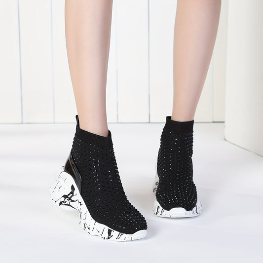 Women's Rhinestone Platform Boots High Top Wedge Sneakers Stretch Sock Boots