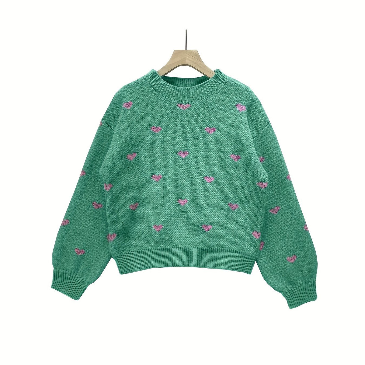 Heart Print Mock Neck Knit Sweater Casual Drop Shoulder Long Sleeve