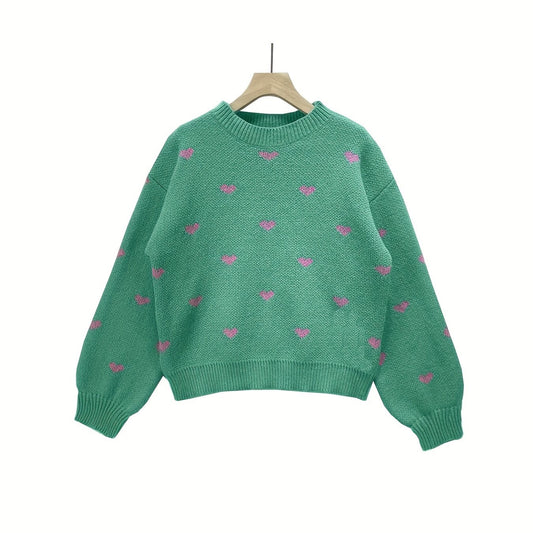 Heart Print Mock Neck Knit Sweater Casual Drop Shoulder Long Sleeve