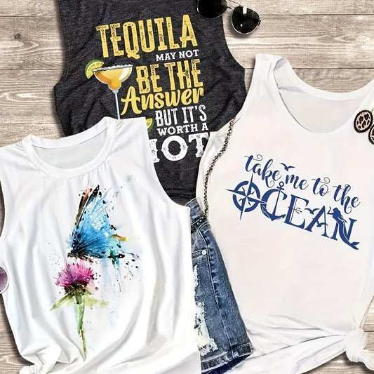 Graphic Print Tank Top 3 Pack Women's Sleeveless Top