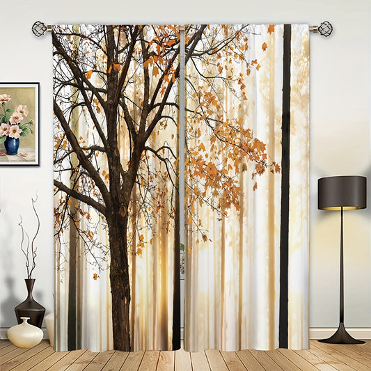 Autumn Maple Leaf Printed Curtains Rod Pocket Polyester Material