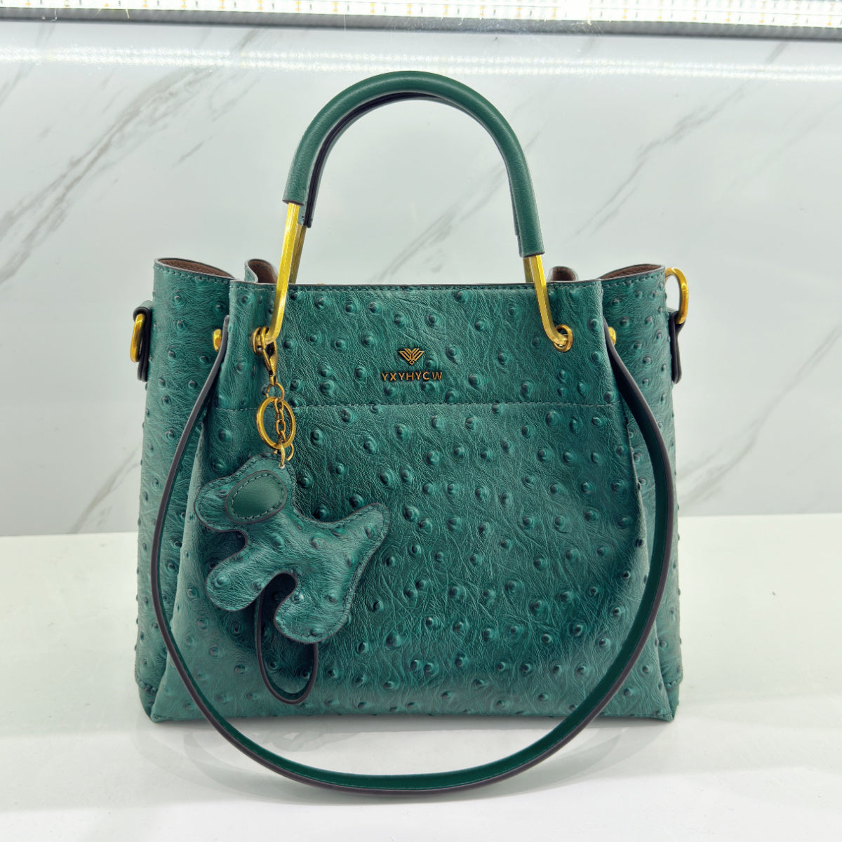 Ostrich Textured PVC Bucket Shoulder Bag Green Zipper Closure