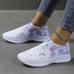 Women's Rhinestone Knit Sneakers Butterfly Pattern Slip On Shoes