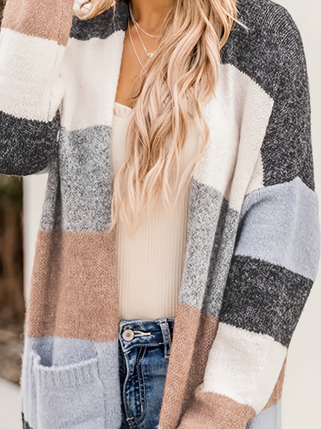  Colorblock Open Front Cardigan With Pockets