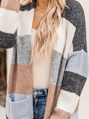  Colorblock Open Front Cardigan With Pockets