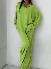 Women's Plus Solid Long Sleeve Shirt & Loose Pants 2 Piece Set