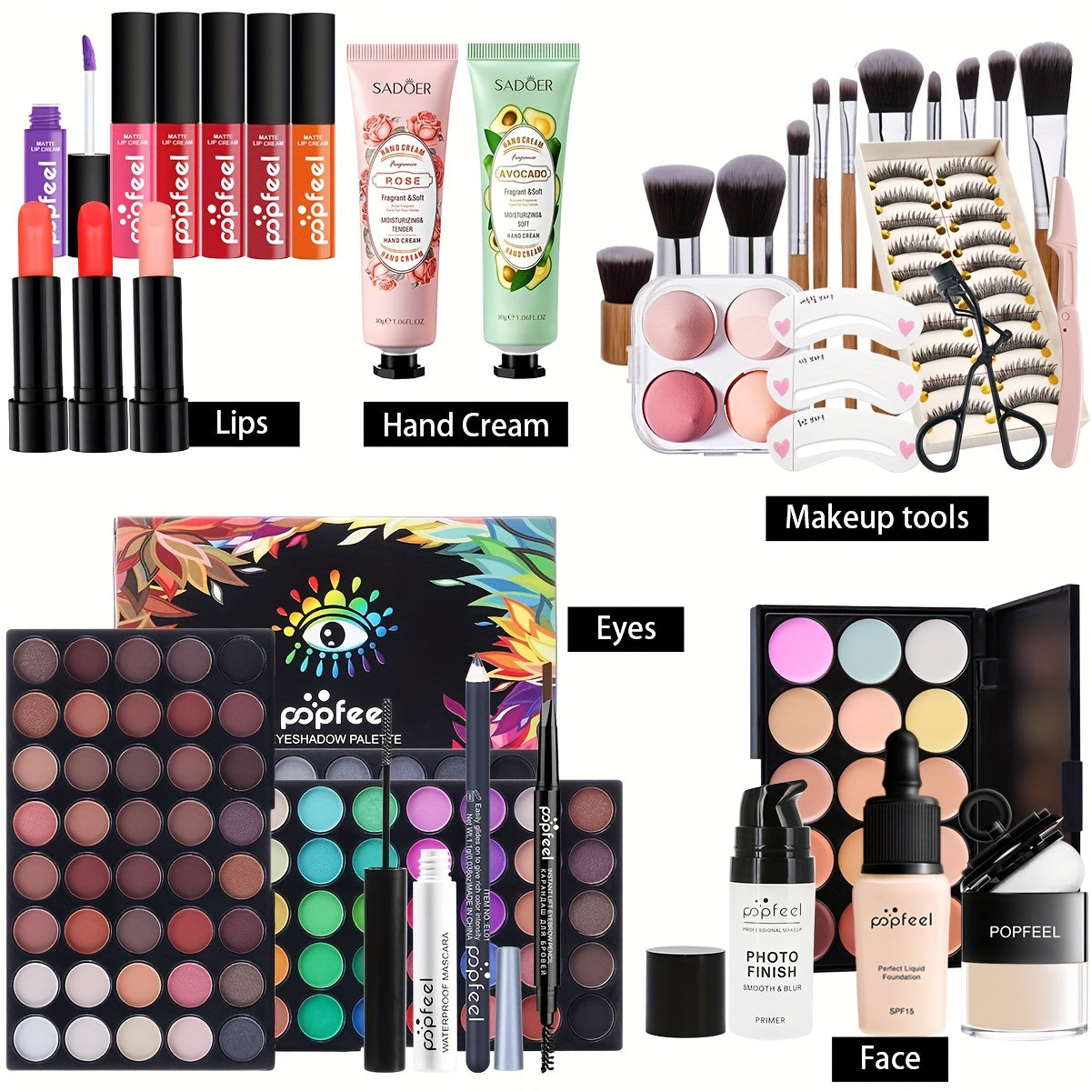 Complete Makeup Box Set Eyeshadow Eyeliner Lipstick Primer Brushes Sponge Puff