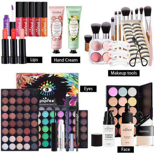 Complete Makeup Box Set Eyeshadow Eyeliner Lipstick Primer Brushes Sponge Puff