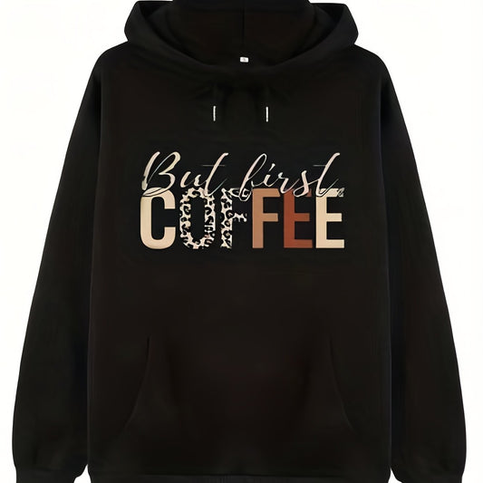 Coffee Print Kangaroo Pocket Hoodie Casual Long Sleeve Drawstring Hoodies
