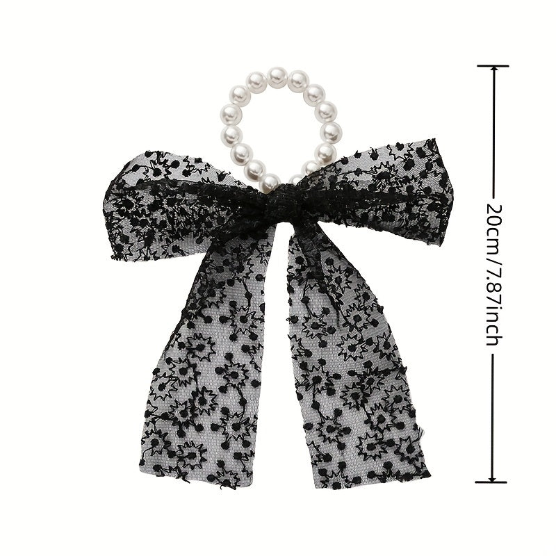 Lace Bow Faux Pearl Hair Tie Ribbon Hair Loop Hair Accessories