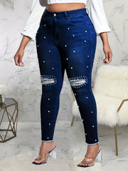  Pearl Decor Ripped Fringe Skinny Jeans