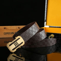 Men's Cowhide Belt Checkerboard Pattern 3.25in Width Stainless Steel Buckle