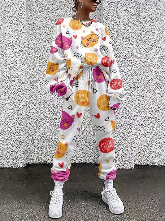 Women's Plus Cat Print Tee & Drawstring Pants Set