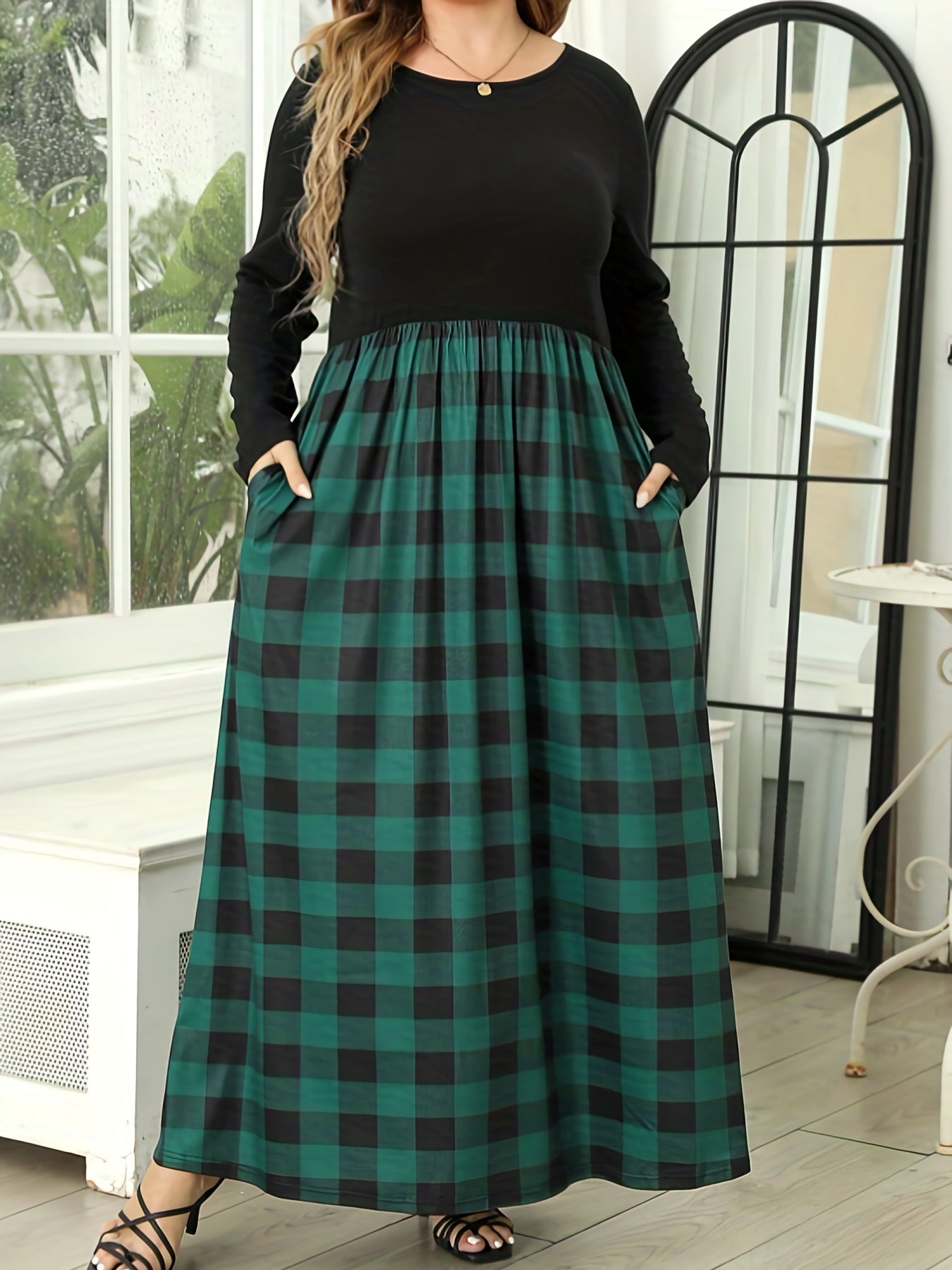  Colorblock Gingham Print Maxi Dress With Pockets