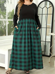  Colorblock Gingham Print Maxi Dress With Pockets