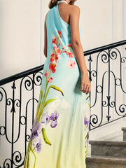  Floral Print Halter Neck Maxi Evening Dress