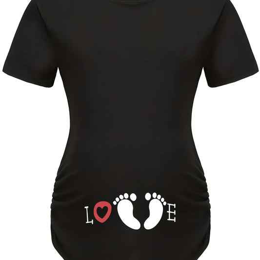 Maternity Crew Neck Ruched T Shirt LOVE Graphic Short Sleeve Top