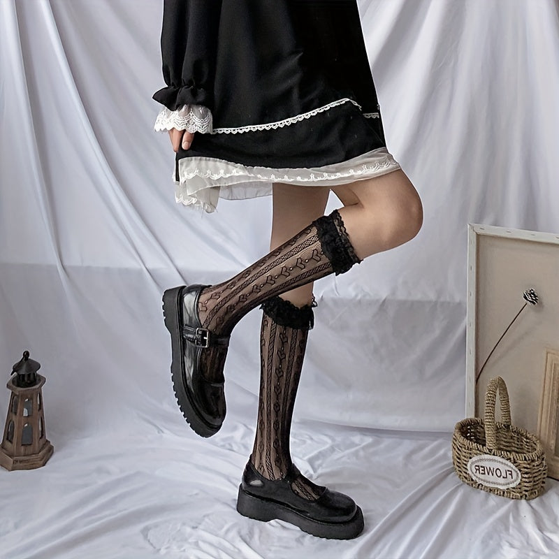 Heart Pattern Calf Socks Lace Trim Knee High Socks Women's Stockings
