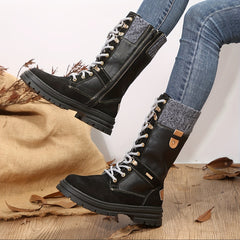 Faux Leather Snow Boots Flat Lace Up Mid Calf Winter Boots