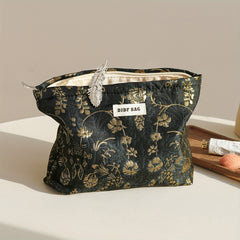 Women's Retro Portable Ink Green Golden Flower Toiletry Bag