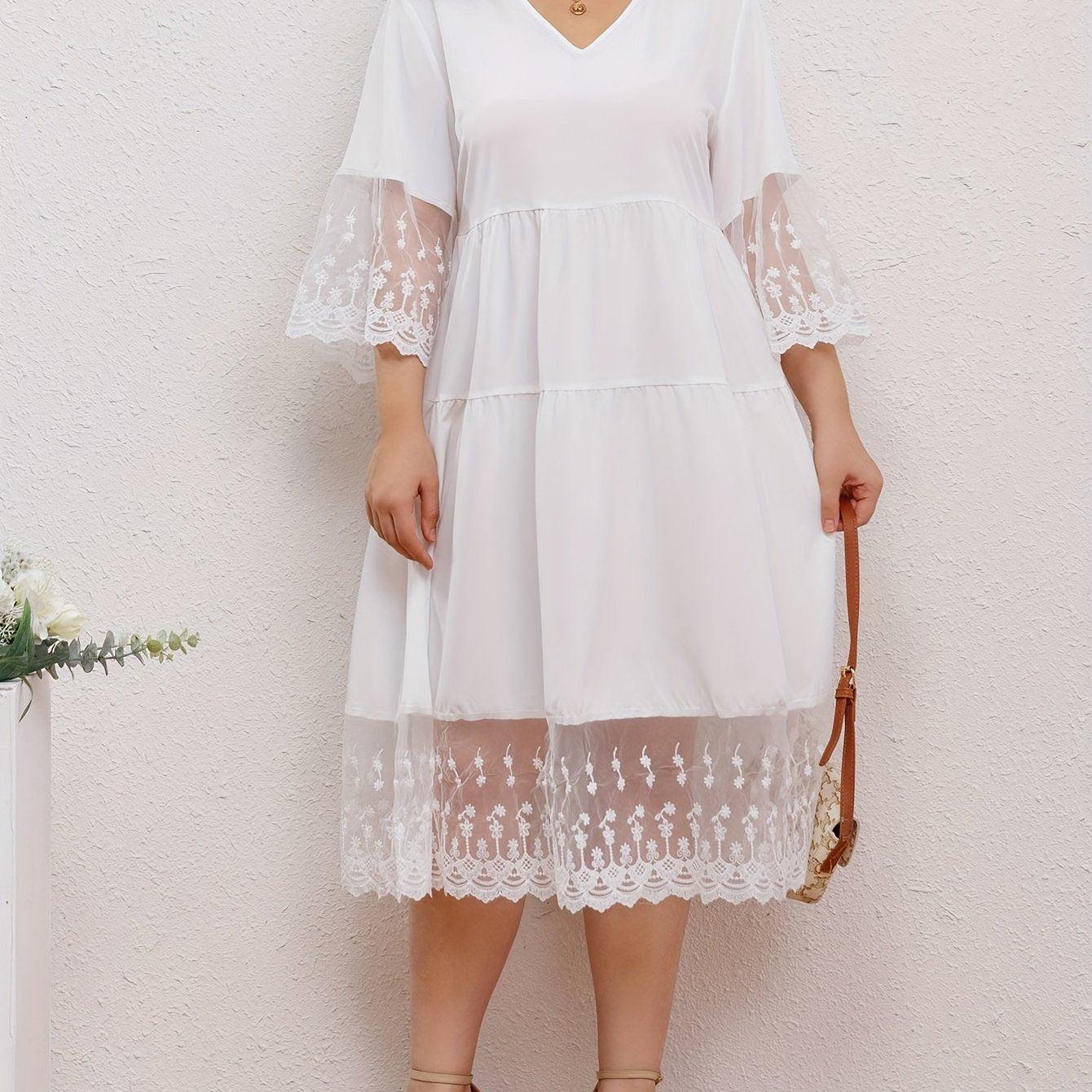  Solid Lace Floral Trim Casual Dress