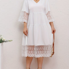  Solid Lace Floral Trim Casual Dress