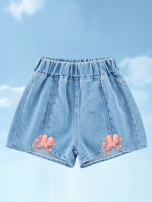 Girls' Bow Front Denim Shorts Elastic Waist