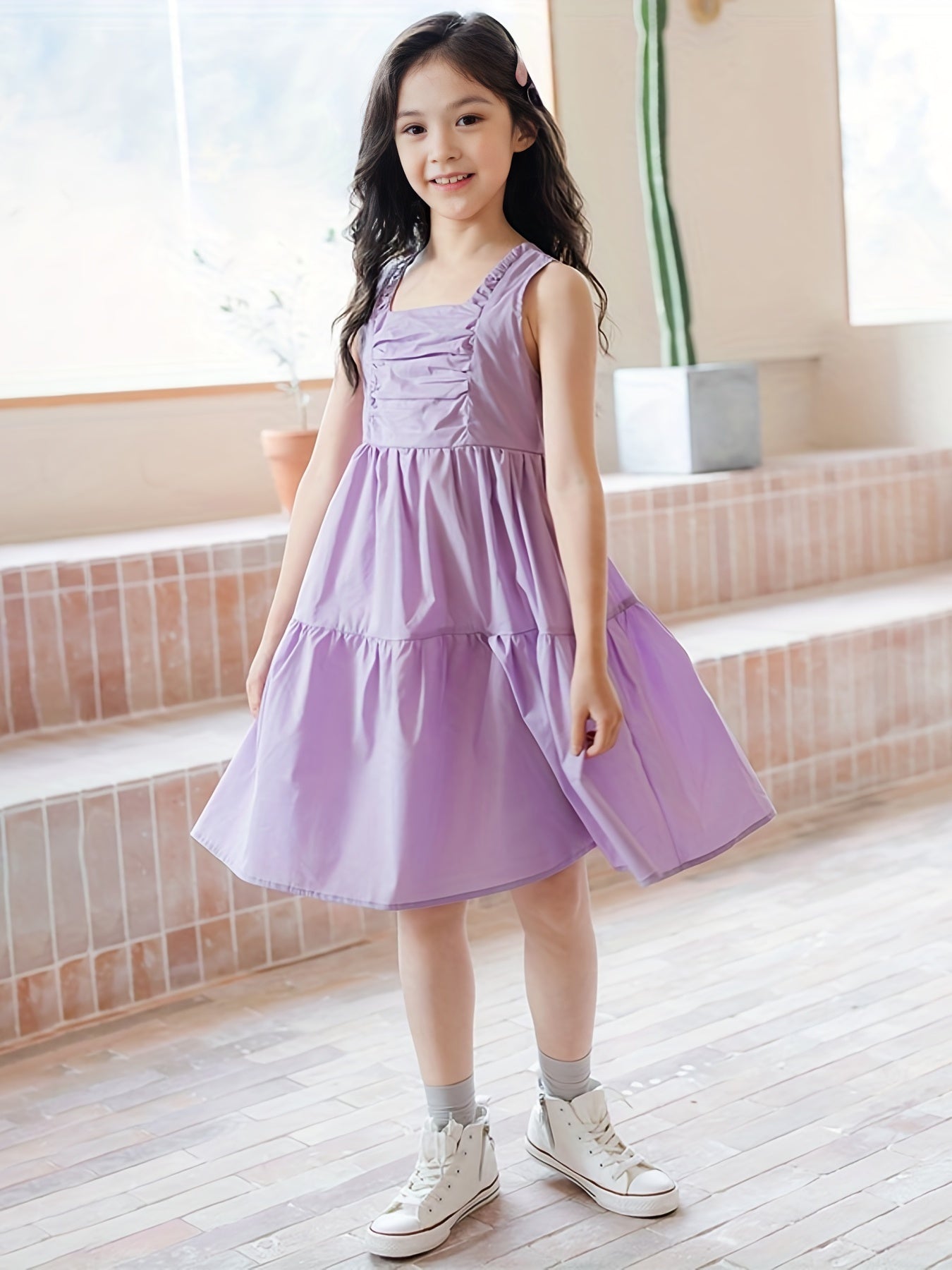 Girl's Lavender Cotton Dress Halter Sleeveless Princess Style Skirt